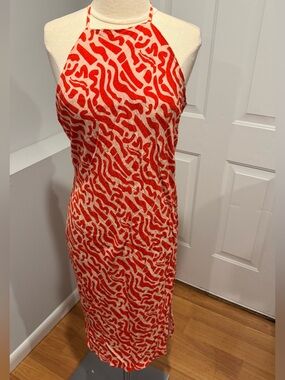 Halter Midi Dress in Red and Cream — Modern Abstract Print (46)